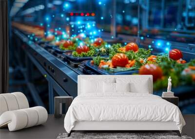 A conveyor belt with a variety of food items including tomatoes, carrots, and lettuce. The food is being prepared for a restaurant or a cafeteria Wall mural