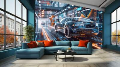 A futuristic car is driving down a track with a lot of technology surrounding it. The car is surrounded by screens and wires, giving the impression of a high-tech environment Wall mural