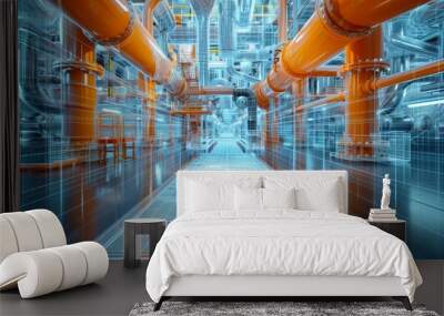 A futuristic industrial building with pipes and a blue and orange color scheme. The image is a computer generated rendering of a large industrial building Wall mural