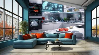 A kitchen with a digital screen on the wall that shows a person and a pizza. The kitchen is modern and has a futuristic feel to it Wall mural