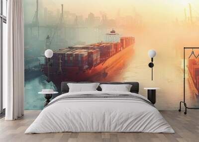 A large cargo ship is sailing through a foggy harbor. The ship is surrounded by several cranes and other large vessels. Concept of industry and activity, with the ship Wall mural