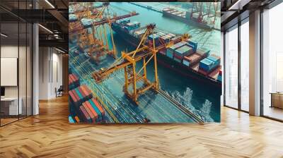 A large ship is docked at a port with many other ships in the background. Concept of busyness and activity, as the ships are being loaded and unloaded. The water surrounding the port is calm Wall mural