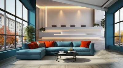 A large white reception desk with a potted plant in front of it. The desk has four chairs and a few potted plants. The room is very clean and well-lit Wall mural