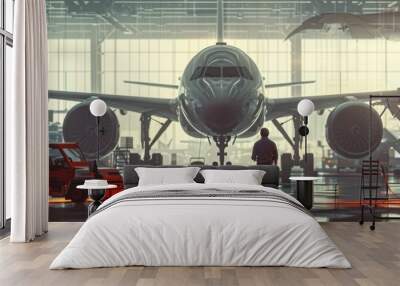 A man stands in front of a large airplane in a hangar. The hangar is filled with various vehicles and equipment, including a truck and a car. Concept of industry and transportation Wall mural