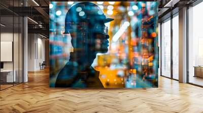 A man wearing a hard hat and safety glasses is looking out of a window Wall mural