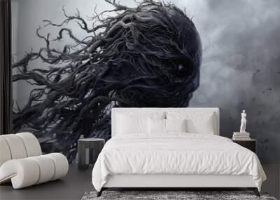 A monster with long hair and a face with a large eye and mouth. The monster is surrounded by a dark, stormy sky Wall mural