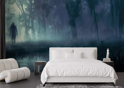 A person is walking through a forest at night. The forest is dark and the trees are tall. The person is alone and he is scared Wall mural