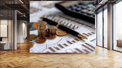 A pile of coins and a pen are on top of a piece of paper with graphs. The coins and pen suggest that the paper is related to finances or money management Wall mural