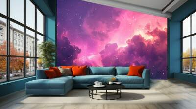 A purple sky with a few stars and a few firework explosions Wall mural