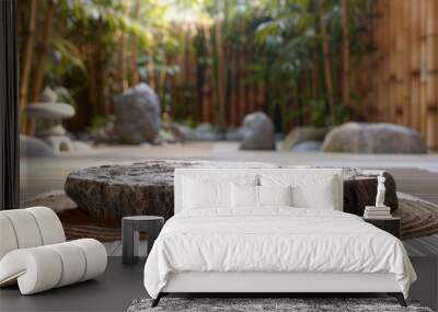 A stone slab sits on a wooden floor in front of a bamboo fence Wall mural