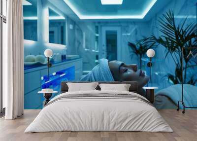 A woman is laying on a bed in a spa with a blue light above her. She is wearing a white towel and has a blue light on her head Wall mural