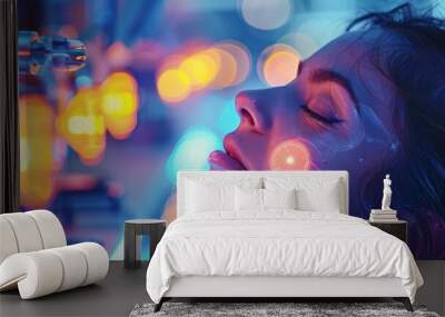 A woman is sleeping in a room with a blue light Wall mural