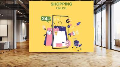 Shopping online concept for flat design, online trading for web page, website, template and background, vector illustration about shopping online Wall mural