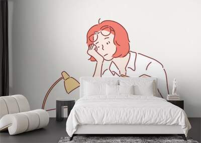 Bored girl studying. Hand drawn style vector design illustrations. Wall mural