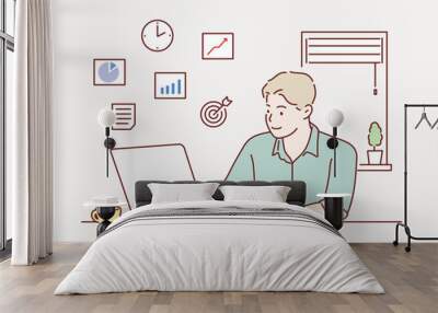 Creative worker using digital devices and programs in project. Hand drawn style vector design illustrations. Wall mural