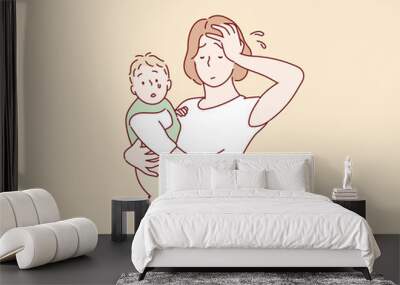 family, parenthood and people concept - mother with crying little baby at home. Hand drawn style vector design illustrations. Wall mural