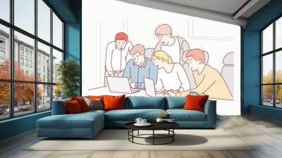 Group of business people analyzing and discussing during a working meeting in a modern office. Hand drawn style vector design illustrations. Wall mural