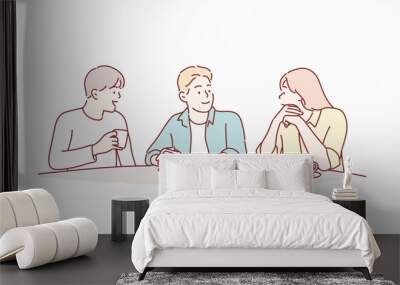 group of friends having a coffee together - Two men and a woman at cafe. Hand drawn style vector design illustrations. Wall mural