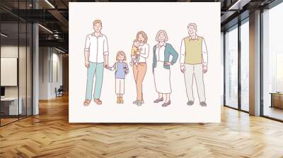 Happy big family standing together flat vector illustration. Grandma, grandpa, mom, dad, children. Hand drawn style vector design illustrations. Wall mural