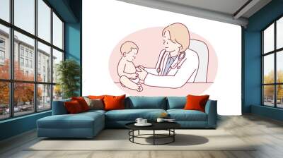 Pediatrician is taking care of baby in hospital. Little girl is being examine by doctor with stethoscope. Hand drawn style vector design illustrations. Wall mural