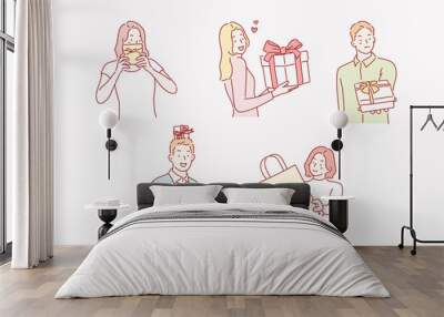 People who are happy to receive gifts. Hand drawn style vector design illustrations. Wall mural