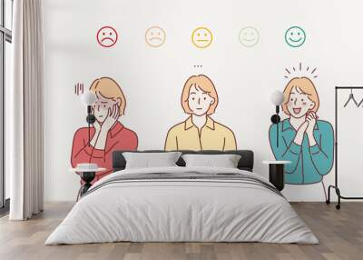 Rank, level of satisfaction rating. sad and positive women.Hand drawn style vector design illustrations. Wall mural