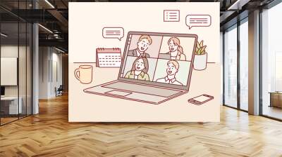 Stay and work from home. Video conference illustration. Workplace, laptop screen, group of people talking by internet. Hand drawn style vector design illustrations. Wall mural