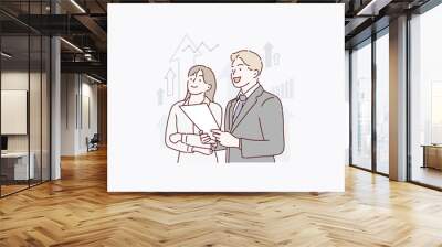 The business man and woman standing. Hand drawn style vector design illustrations. Wall mural