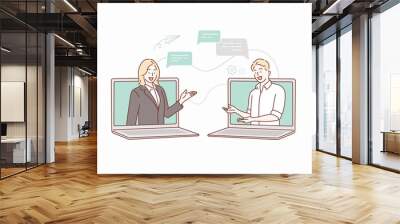 Two businessmen talk through laptop screens. Online communication and business meeting.Hand drawn style vector design illustrations. Wall mural