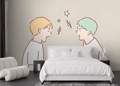 two teenage boys screaming at each other. hand drawn style vector design illustrations. Wall mural