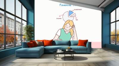 Woman counting the money at home. Hand drawn style vector design illustrations. Wall mural