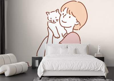 Woman with cute cat. Hand drawn style vector design illustrations. Wall mural