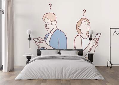 Young couple talking on the phone. Hand drawn style vector design illustrations. Wall mural