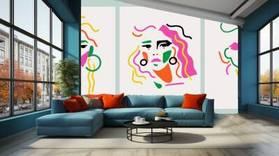 Abstract hand drawn modern trendy female faces in vibrant color palette. Set of stylish minimalistic contemporary graphic prints with abstract women. Wall mural