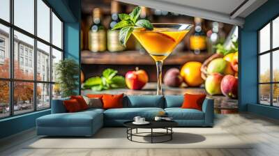 A delicate Peach Martini served in an elegant glass, adorned with fresh peaches and a sprig of mint, rests invitingly on the polished bar counter. Wall mural