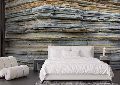 A layered sedimentary rock exhibits a light gray hue and a smooth, refined surface texture, characterized by delicate layers of compressed sediment. Wall mural