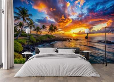 A stunning sunset paints the sky over Hawaii's Big Island, casting vibrant hues across the ocean, creating a serene atmosphere that captivates the senses. Wall mural