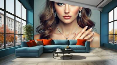 beauty, people and jewelry concept - beautiful young woman wearing shiny diamond pendant Wall mural