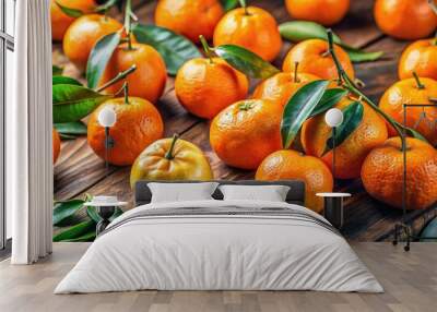 Bright tangerines glisten on a wooden table, bathed in natural light. Their vibrant colors pop, creating a fresh and juicy display that entices the senses. Wall mural