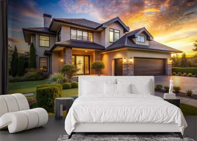 Elegant modern luxury house with beautifully landscaped garden and large windows, featuring a prominent for sale sign, under warm sunset light, nestled in a tranquil neighborhood. Wall mural