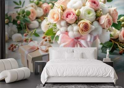 Festive floral arrangement and gift box nestled amidst delicate pastel ribbons and soft cotton Wall mural