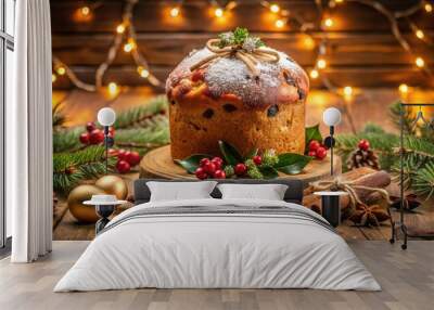 Festively baked homemade panettone sits on a rustic wooden table, exuding warmth and holiday spirit, perfect for sharing during Christmas gatherings with loved ones. Wall mural