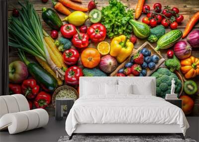 Fresh fruits and vegetables displayed on a weathered wooden table, embodying a healthy lifestyle with their vibrant colors and natural beauty for nutritious meals. Wall mural