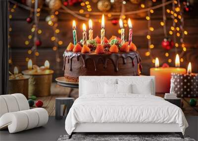 Joyous birthday celebration captured with a delicious chocolate cake, candles, and festive decorations Wall mural