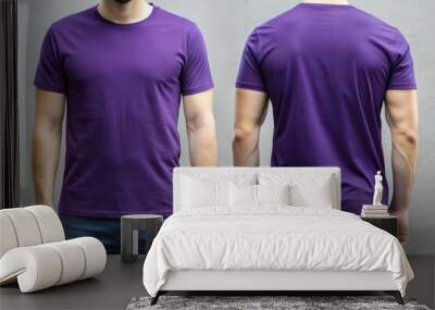 man wearing a blank purple t-shirt, front and back side clothing template mockup Wall mural