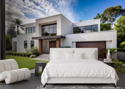 Modern suburban home with sleek white stucco exterior and minimalist design elements, surrounded by lush greenery and open front yard on a sunny summer day. Wall mural