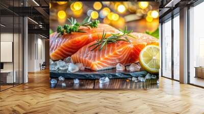 Vibrant salmon fillets chilled on ice, adorned with zesty lemon and fresh herbs, ready to inspire delicious preparations in a stylish, modern kitchen setting. Wall mural