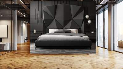 An elegant, minimalist bedroom featuring a matte black bedframe with a geometric headboard. Wall mural