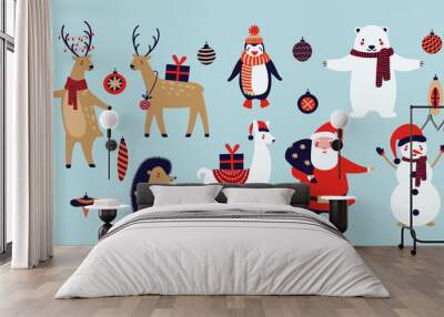 Christmas animals. Christmas greeting card.  Wall mural