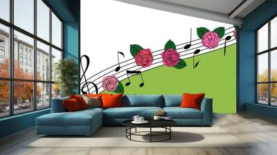 Music and flowers background. Creative template with a clef, hand drawn music notes and rose flowers. Great to place text for an open air concert in a garden or park. Vector Wall mural